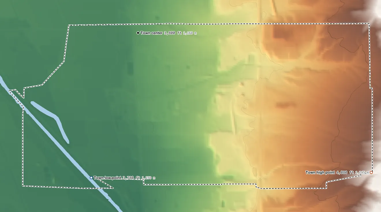 Topographic elevation map of Anthony, Texas, shaded from 3,780 ft on the south side to 4,080 ft at the foot of the Franklin Mountains