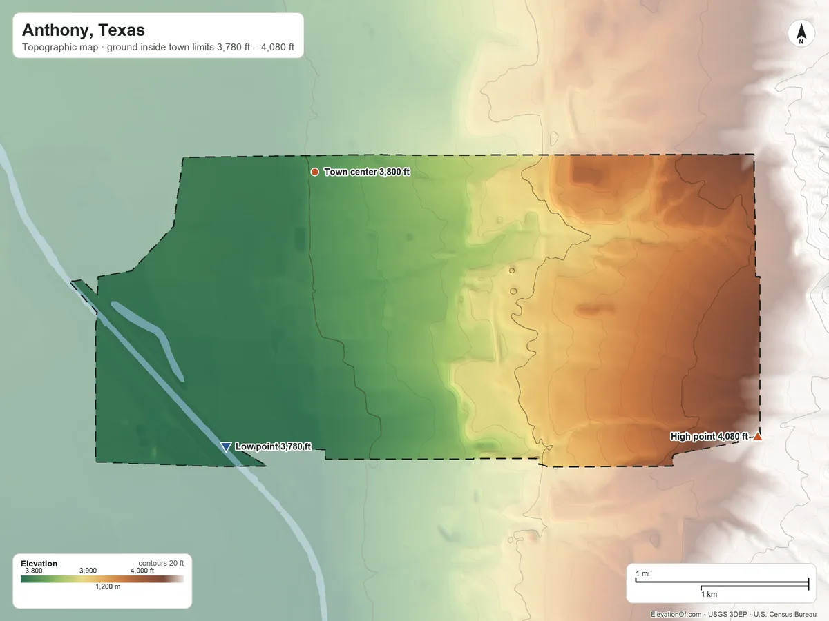 Topographic elevation map of Anthony, Texas, shaded from 3,780 ft on the south side to 4,080 ft at the foot of the Franklin Mountains