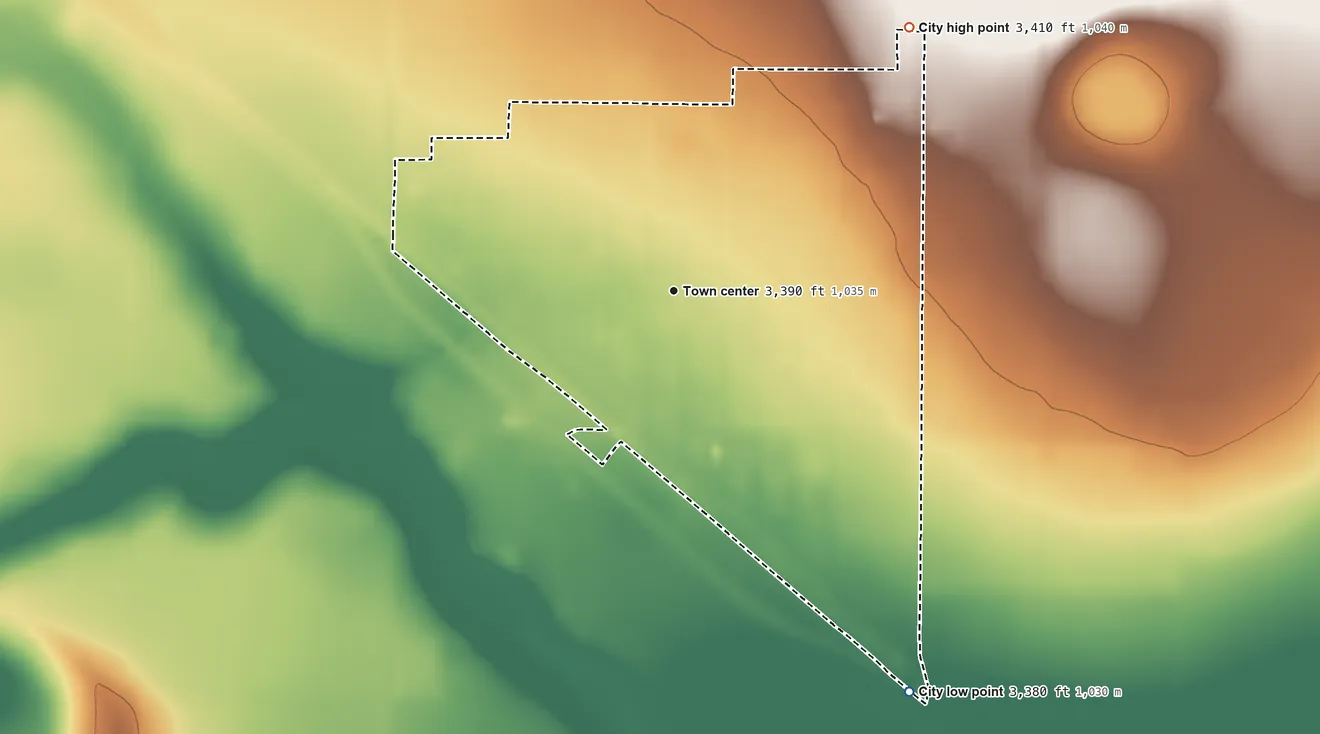 Topographic elevation map of Anton, Texas, shaded from 3,380 ft on the southeast side to 3,410 ft on the northeast side