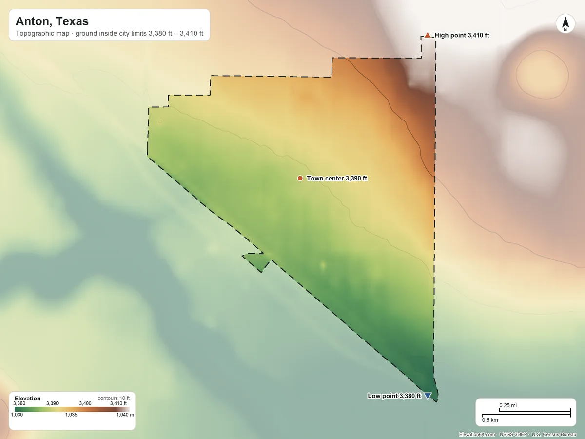 Topographic elevation map of Anton, Texas, shaded from 3,380 ft on the southeast side to 3,410 ft on the northeast side