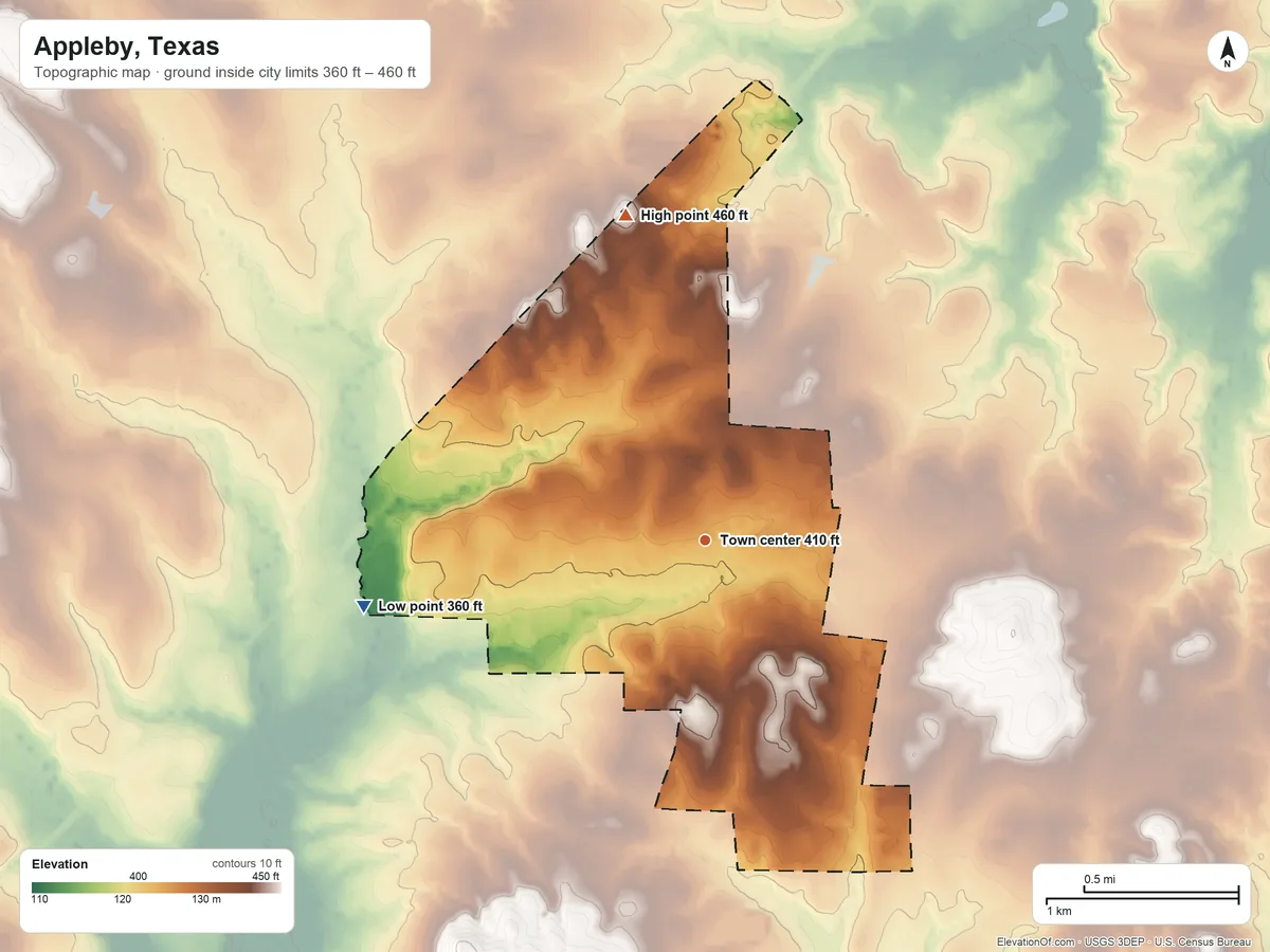 Topographic elevation map of Appleby, Texas, shaded from 360 ft on the west side to 460 ft on the north side