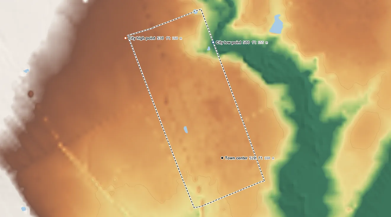 Topographic elevation map of Aquilla, Texas, shaded from 500 ft on the north side to 530 ft on the northwest side