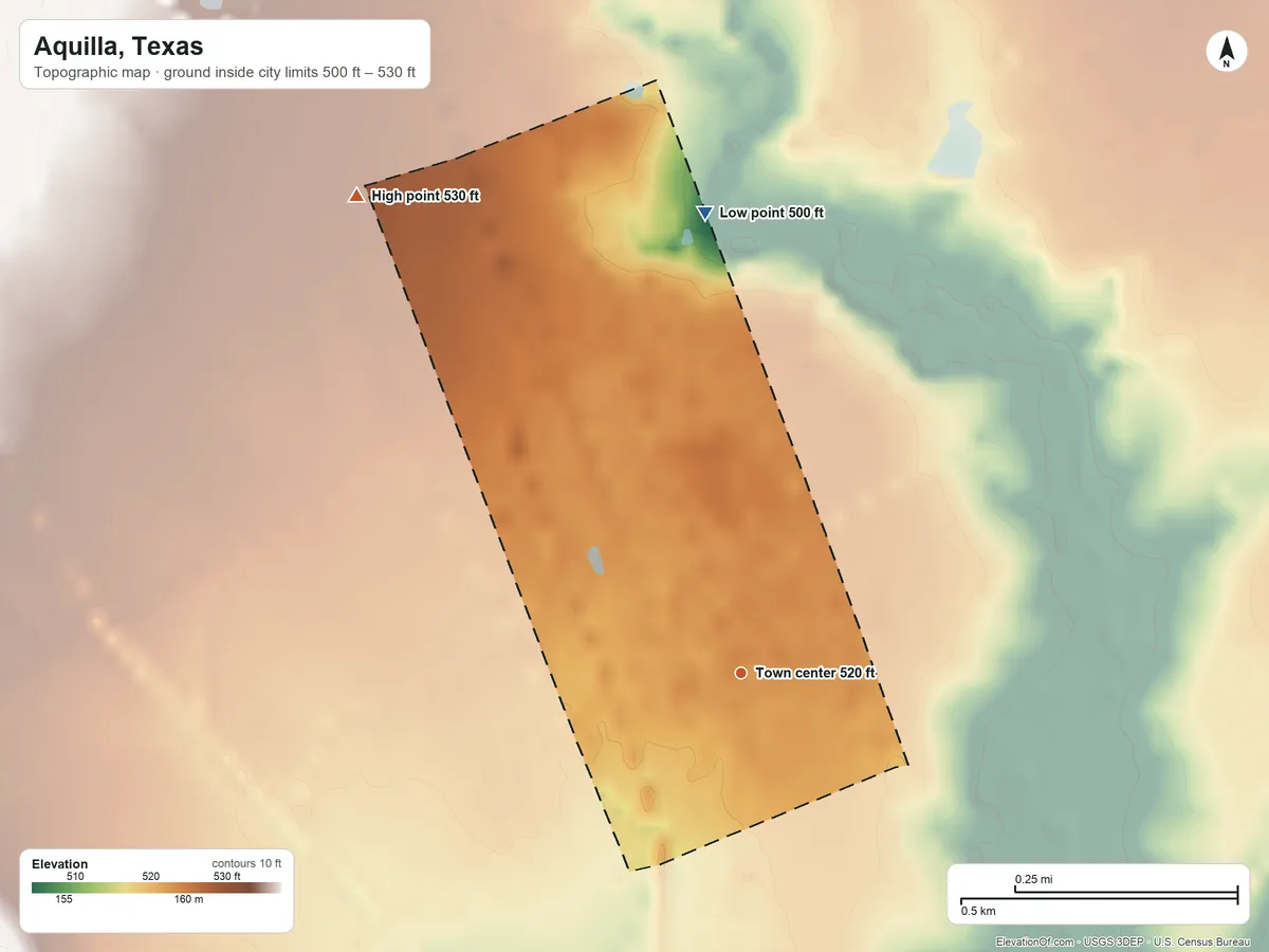 Topographic elevation map of Aquilla, Texas, shaded from 500 ft on the north side to 530 ft on the northwest side