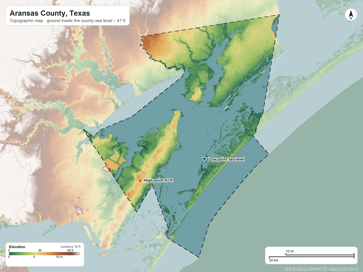 Topographic elevation map of Aransas County, Texas, shaded from sea level on Aransas Bay to 47 ft on the southwest side