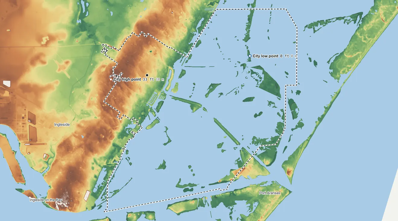 Topographic elevation map of Aransas Pass, Texas, shaded from sea level level on Aransas Bay to 33 ft on the west side