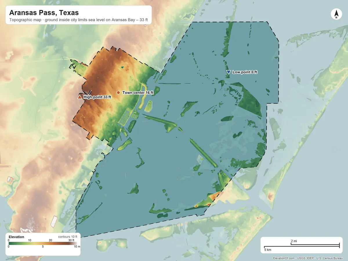 Topographic elevation map of Aransas Pass, Texas, shaded from sea level level on Aransas Bay to 33 ft on the west side