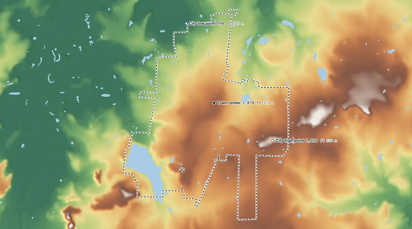 Topographic elevation map of Archer City, Texas, shaded from 990 ft on the north side to 1,090 ft on the southeast side