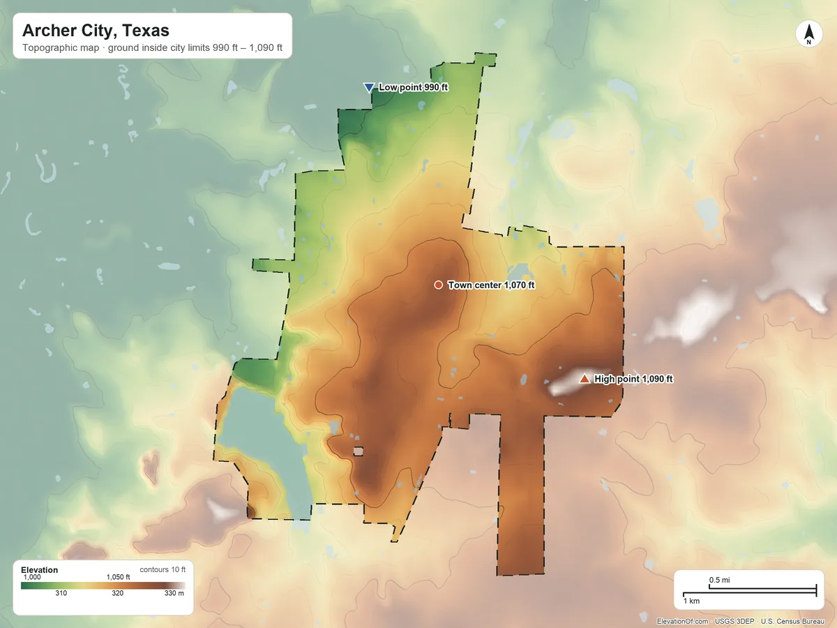 Topographic elevation map of Archer City, Texas, shaded from 990 ft on the north side to 1,090 ft on the southeast side