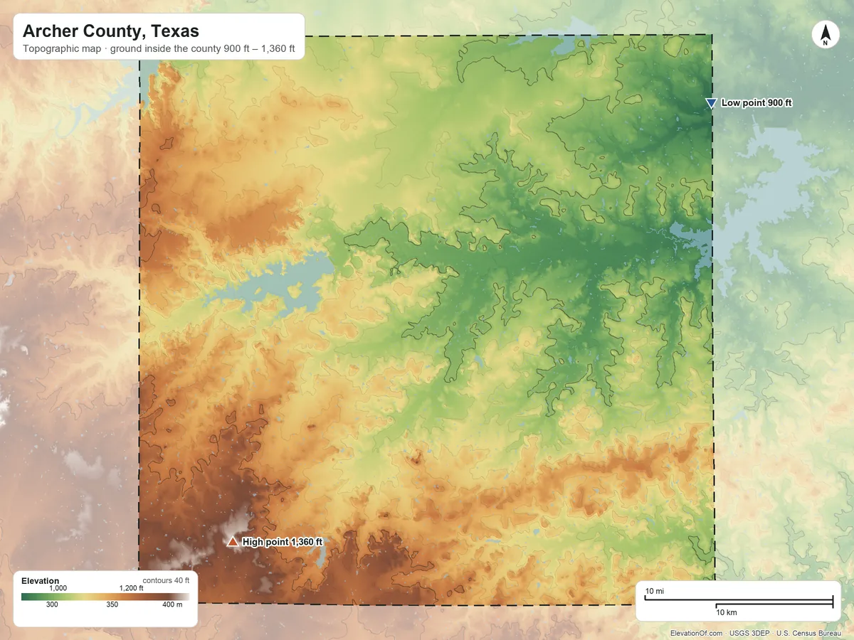 Topographic elevation map of Archer County, Texas, shaded from 900 ft on the northeast side to 1,360 ft on the southwest side