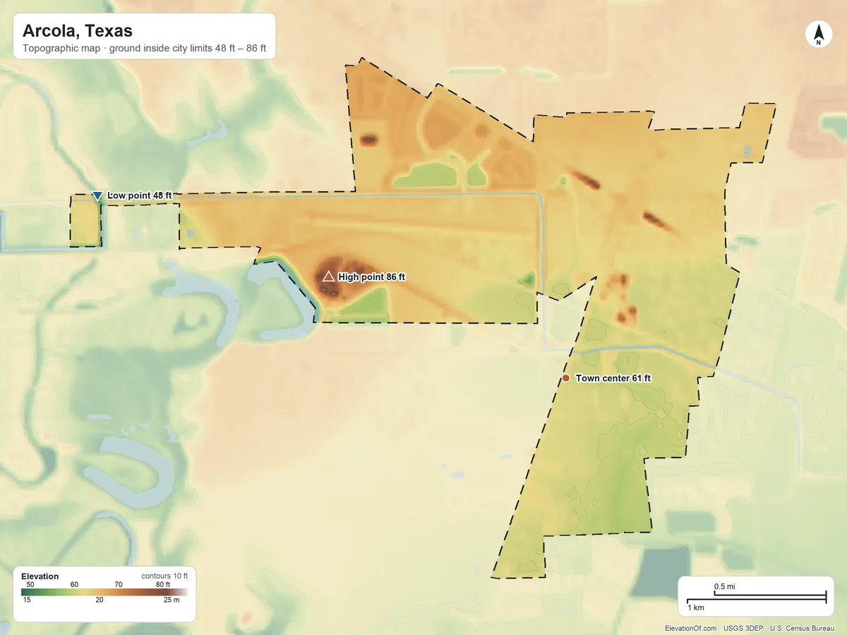 Topographic elevation map of Arcola, Texas, shaded from 48 ft on the west side to 86 ft on the northwest side