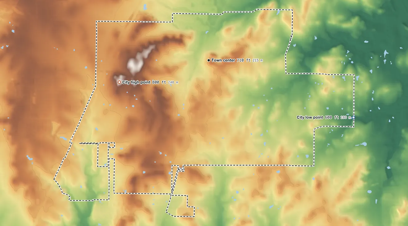 Topographic elevation map of Argyle, Texas, shaded from 600 ft on the east side to 800 ft on the west side