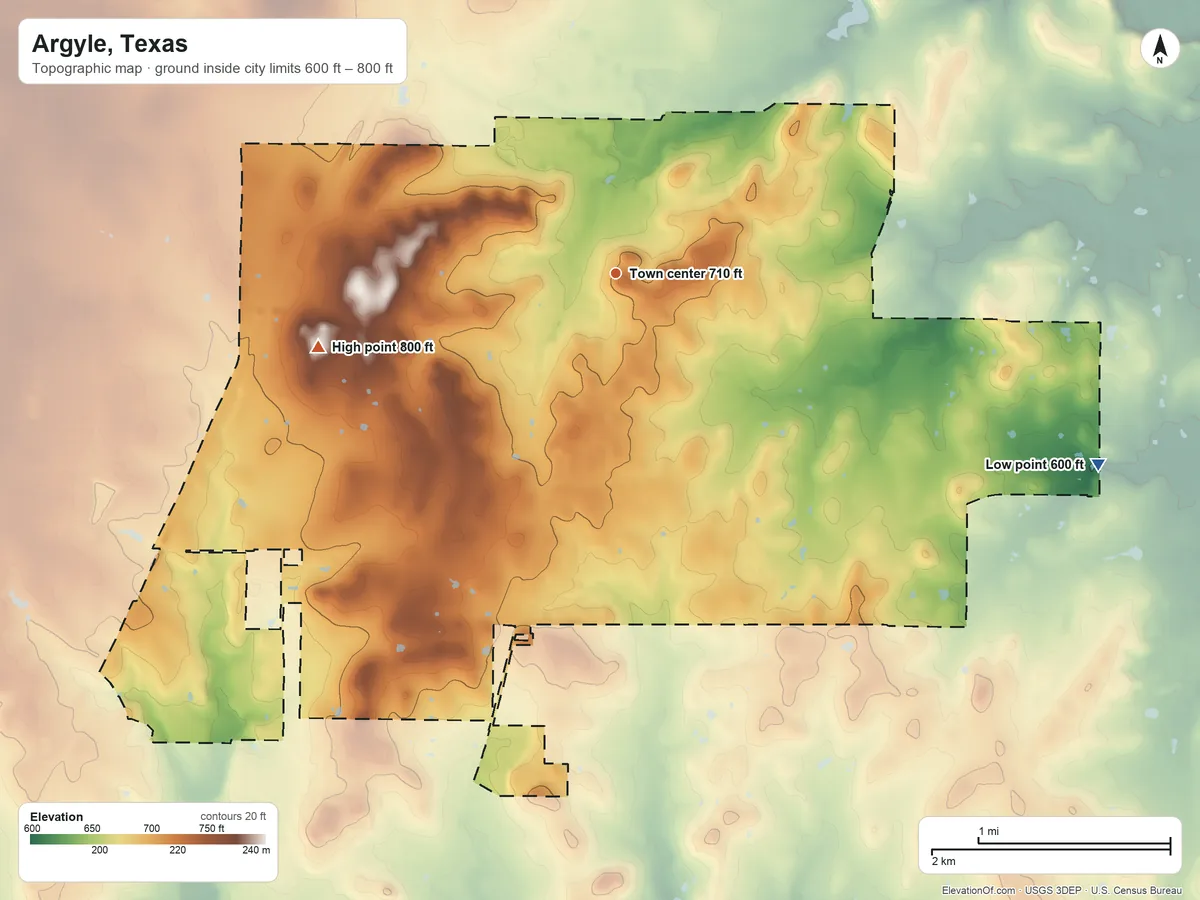 Topographic elevation map of Argyle, Texas, shaded from 600 ft on the east side to 800 ft on the west side