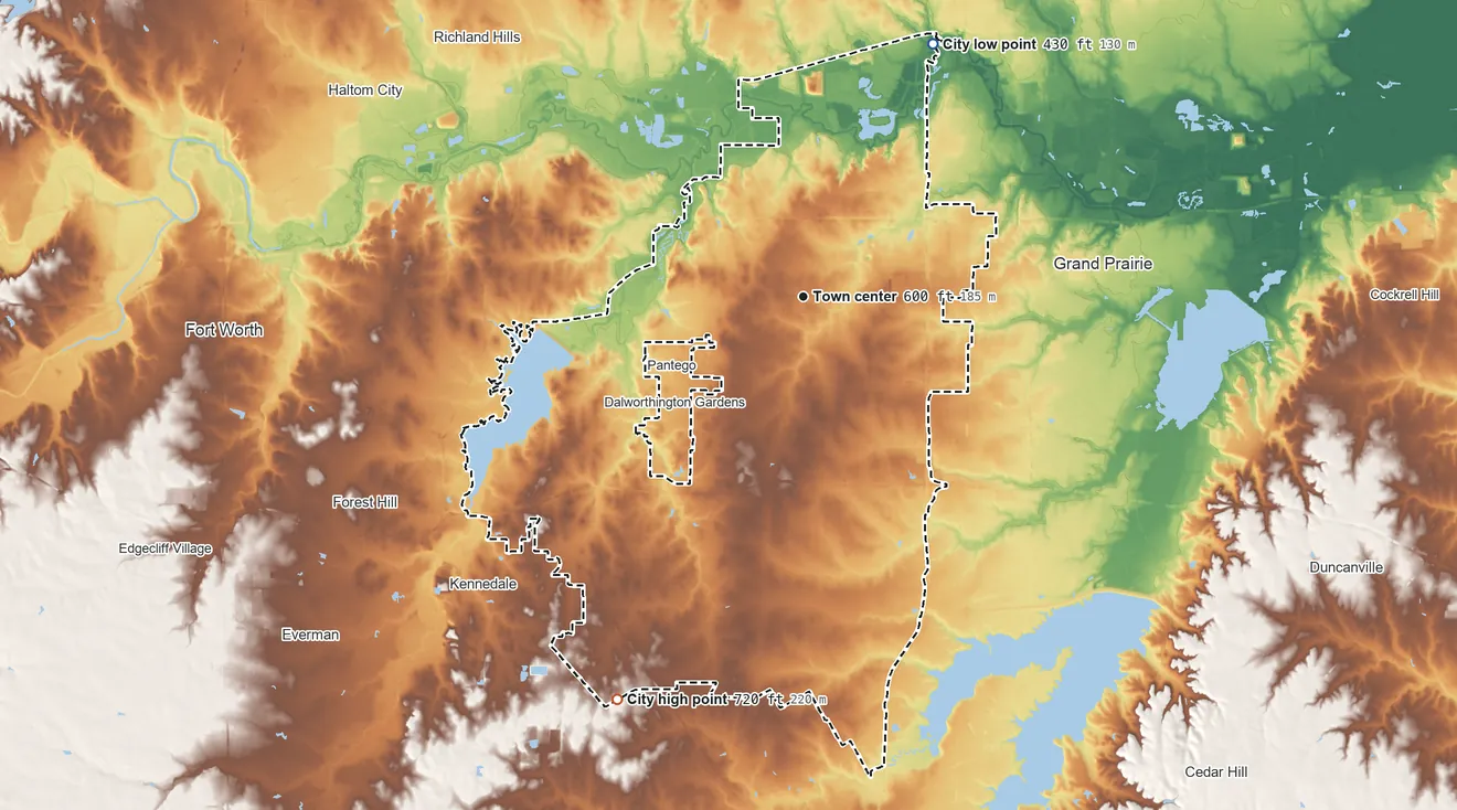 Topographic elevation map of Arlington, Texas, shaded from 430 ft on the northeast side to 720 ft on the southwest side