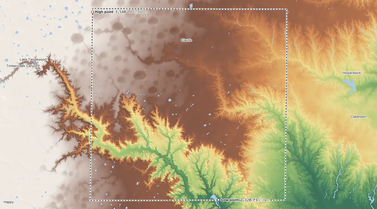 Topographic elevation map of Armstrong County, Texas, shaded from 2,320 ft on the south side to 3,540 ft on the northwest side