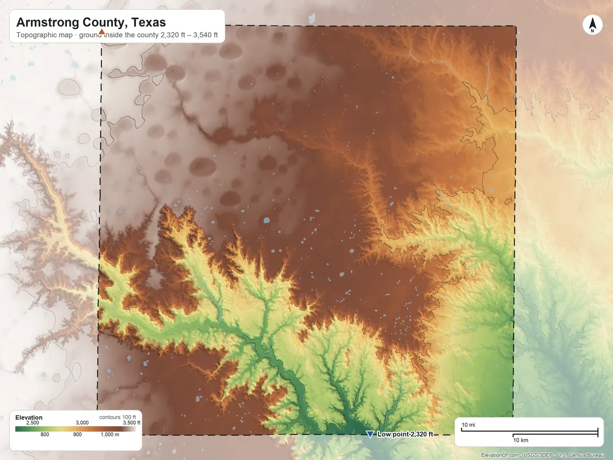Topographic elevation map of Armstrong County, Texas, shaded from 2,320 ft on the south side to 3,540 ft on the northwest side