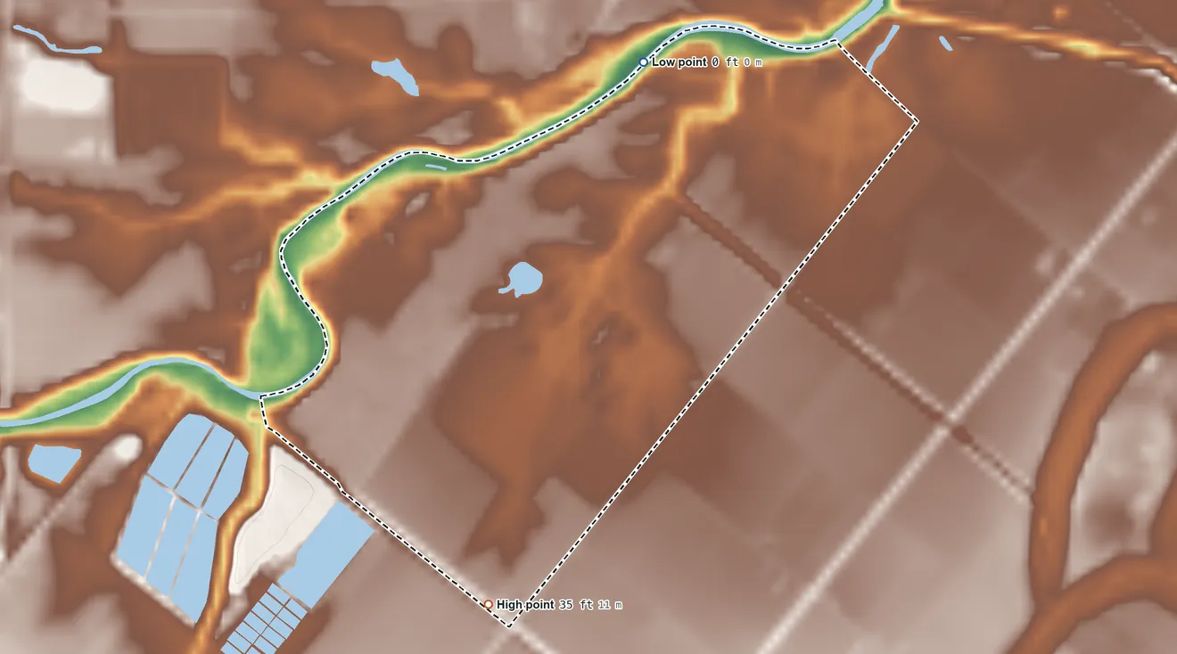 Topographic elevation map of Arroyo Colorado Estates, Texas, shaded from 0 ft on the north side to 35 ft on the south side