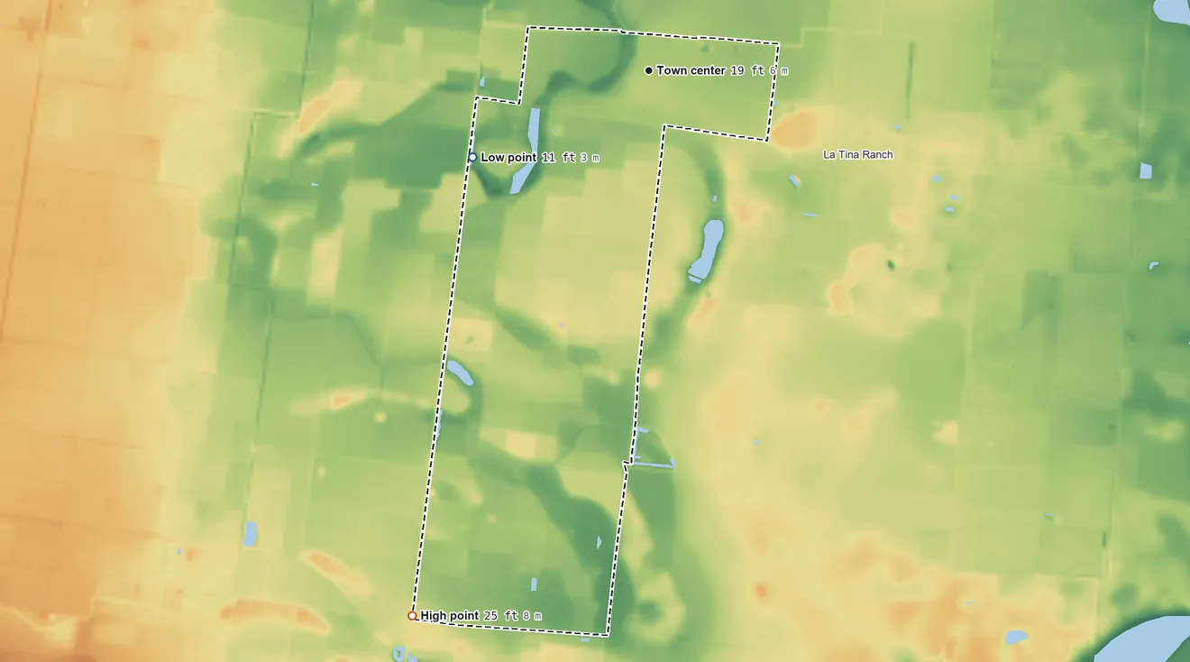 Topographic elevation map of Arroyo Gardens, Texas, shaded from 11 ft on the southwest side to 25 ft on the southwest side