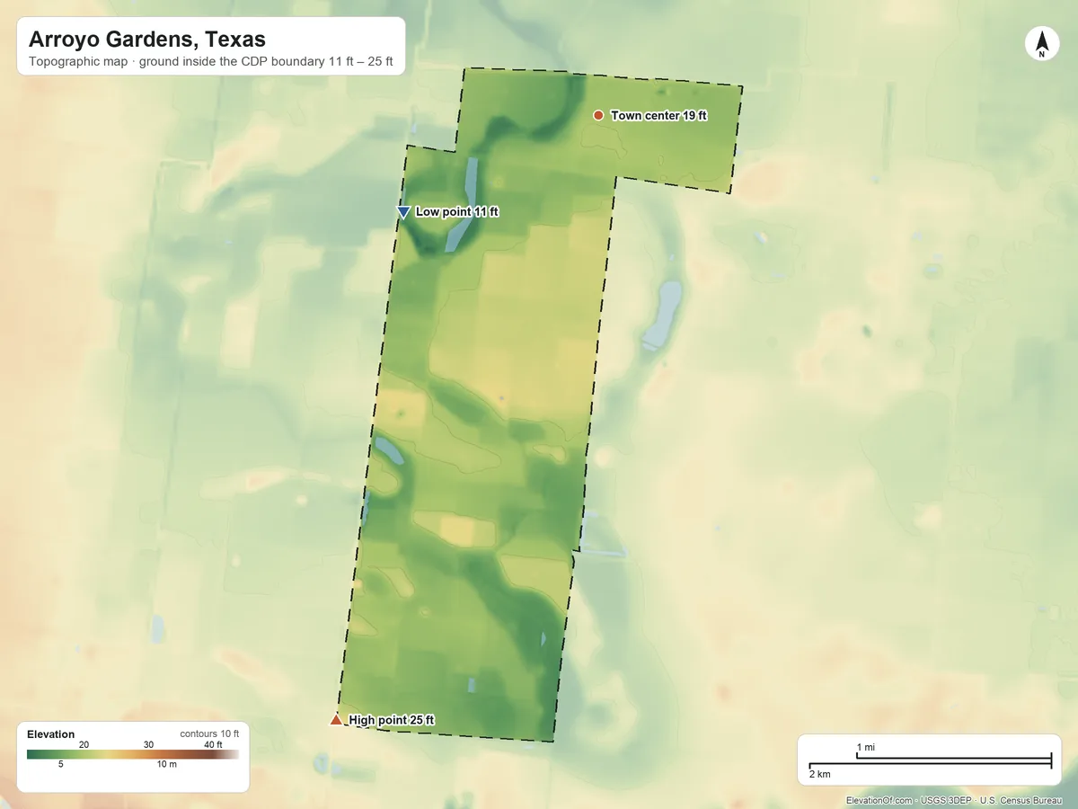 Topographic elevation map of Arroyo Gardens, Texas, shaded from 11 ft on the southwest side to 25 ft on the southwest side