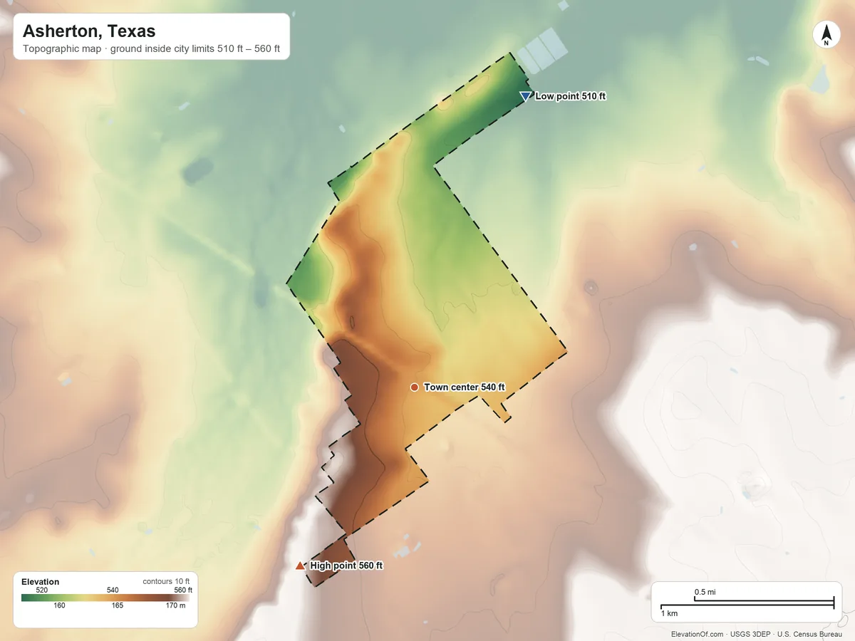 Topographic elevation map of Asherton, Texas, shaded from 510 ft on the north side to 560 ft on the southwest side