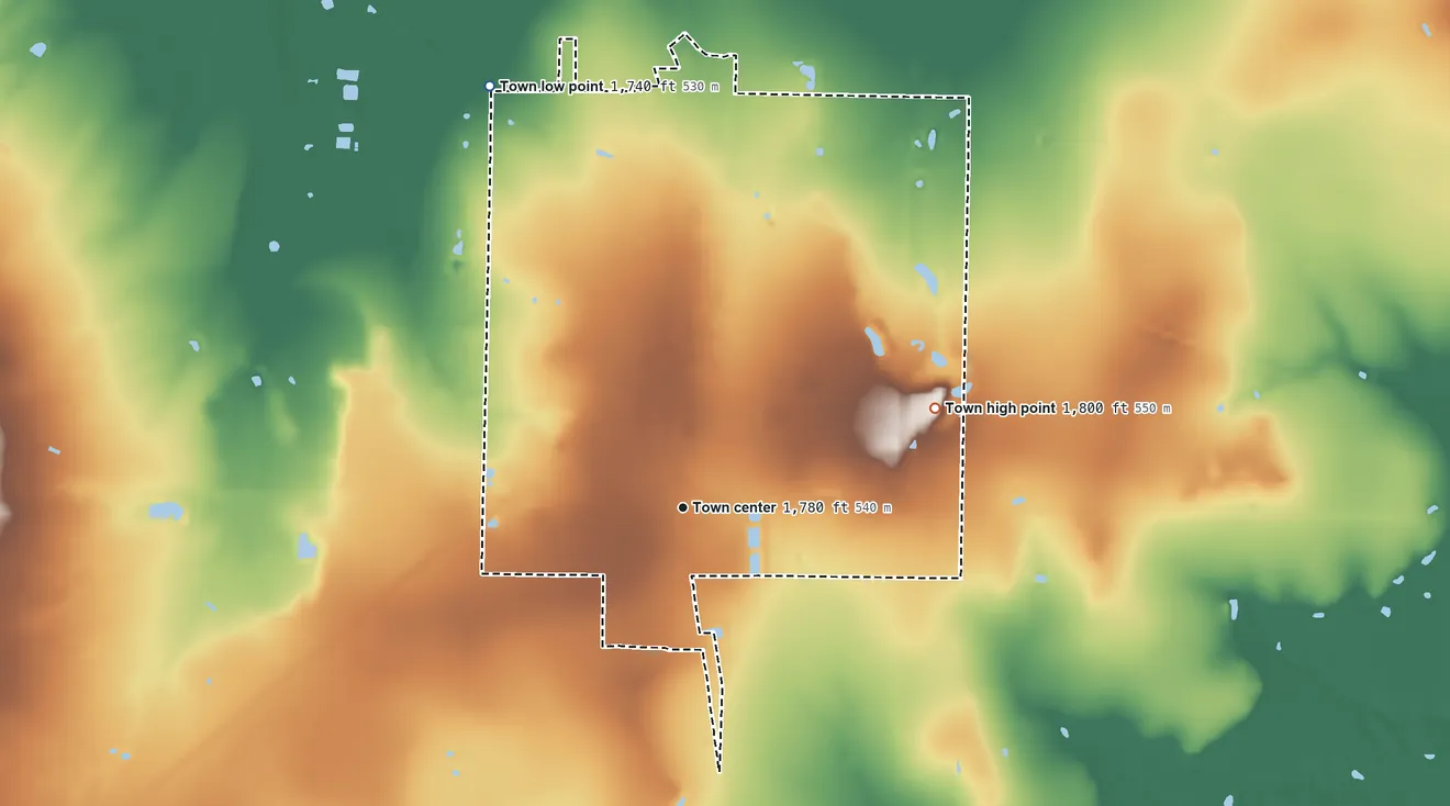 Topographic elevation map of Aspermont, Texas, shaded from 1,740 ft on the northwest side to 1,800 ft on the east side