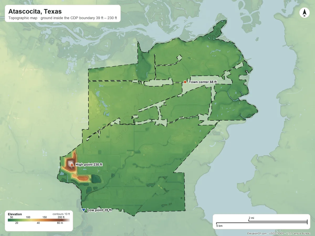 Topographic elevation map of Atascocita, Texas, shaded from 39 ft on the southwest side to 230 ft on the southwest side