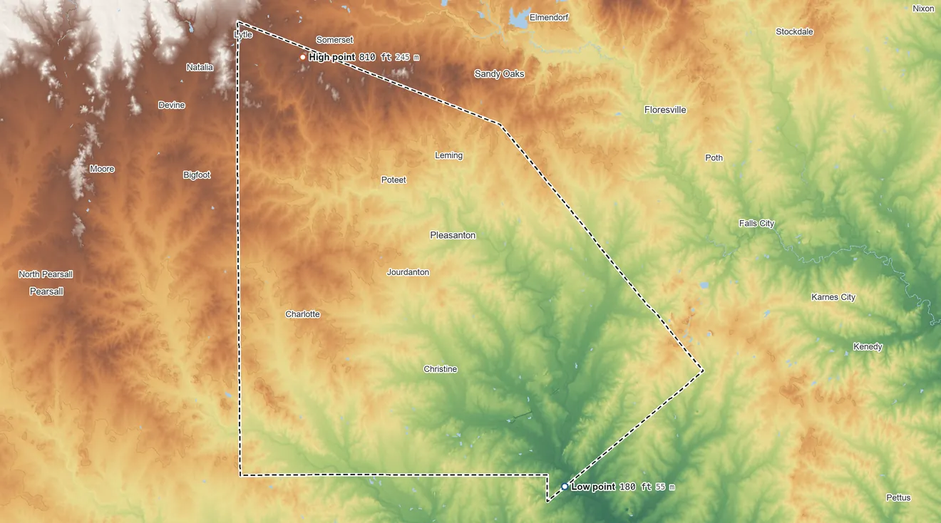 Topographic elevation map of Atascosa County, Texas, shaded from 180 ft on the southeast side to 810 ft on the northwest side