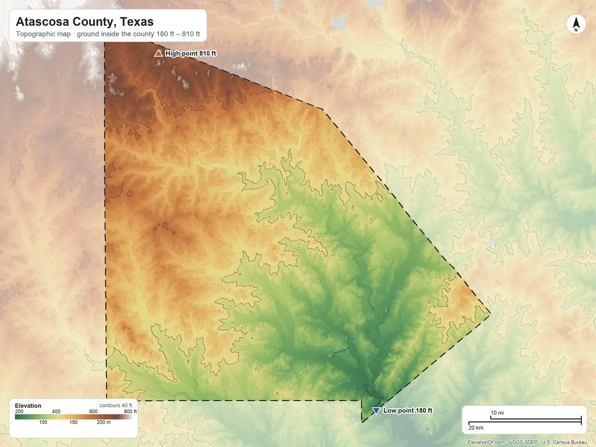 Topographic elevation map of Atascosa County, Texas, shaded from 180 ft on the southeast side to 810 ft on the northwest side