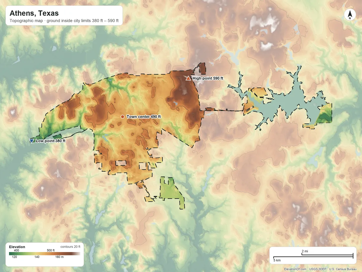 Topographic elevation map of Athens, Texas, shaded from 380 ft on the west side to 590 ft on the northeast side
