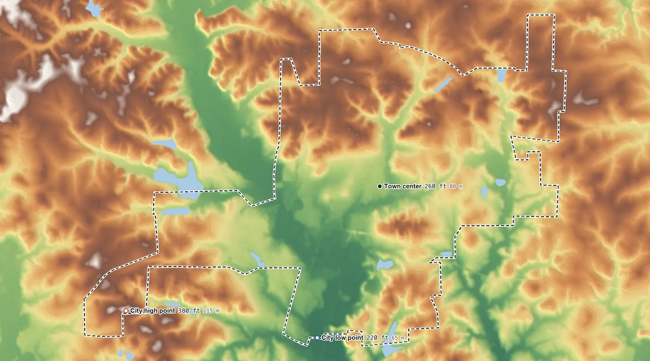 Topographic elevation map of Atlanta, Texas, shaded from 220 ft on the south side to 380 ft on the southwest side