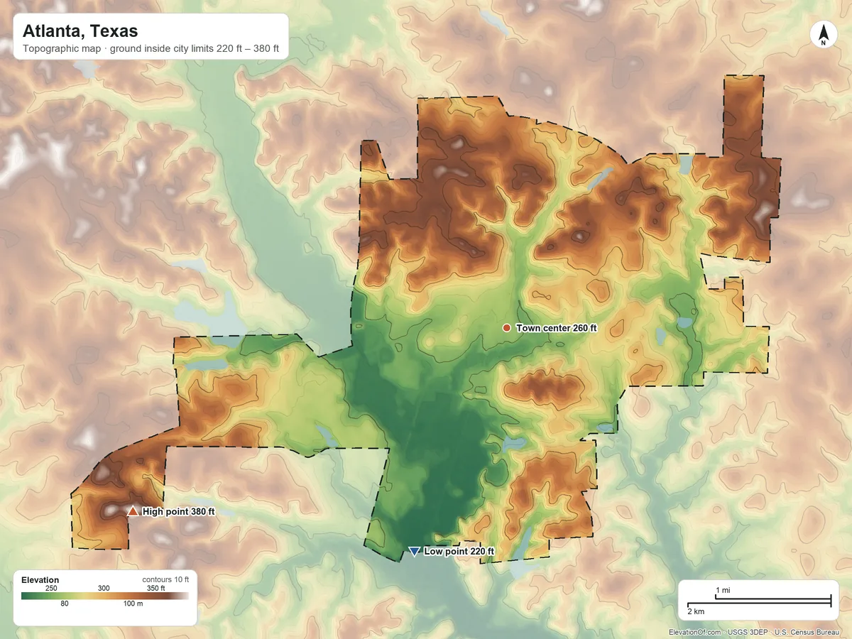 Topographic elevation map of Atlanta, Texas, shaded from 220 ft on the south side to 380 ft on the southwest side