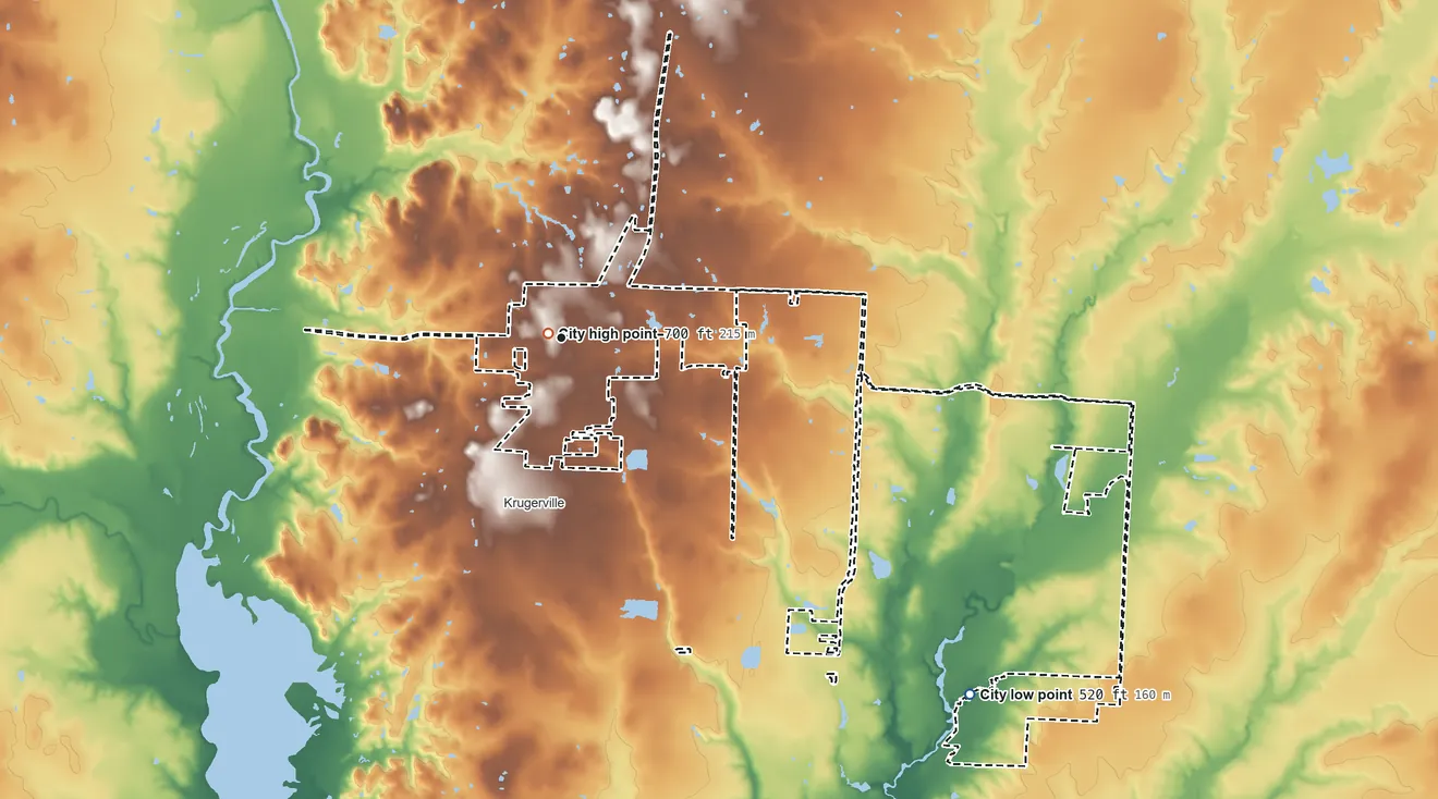 Topographic elevation map of Aubrey, Texas, shaded from 520 ft on the southeast side to 700 ft near the middle