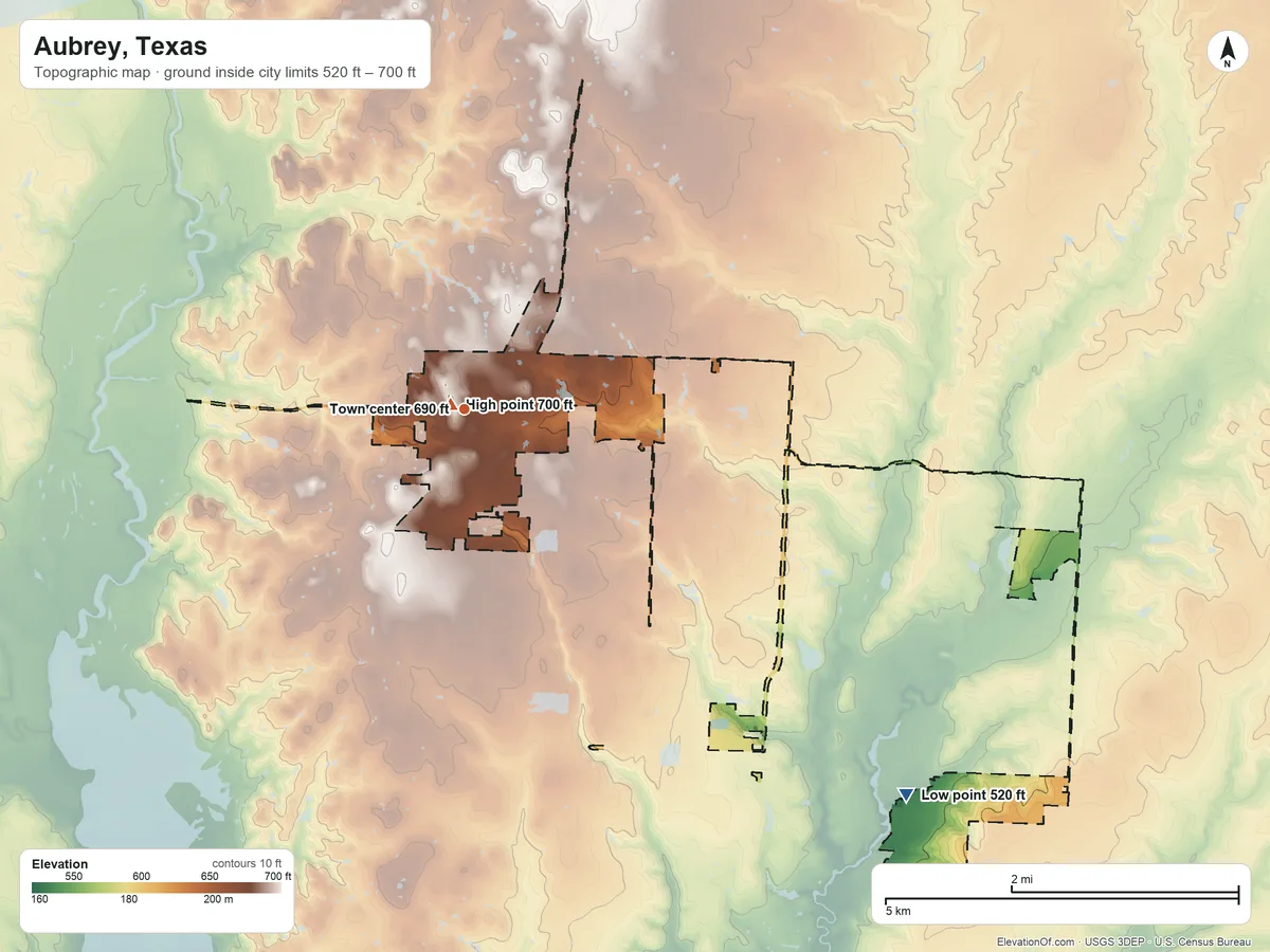 Topographic elevation map of Aubrey, Texas, shaded from 520 ft on the southeast side to 700 ft near the middle