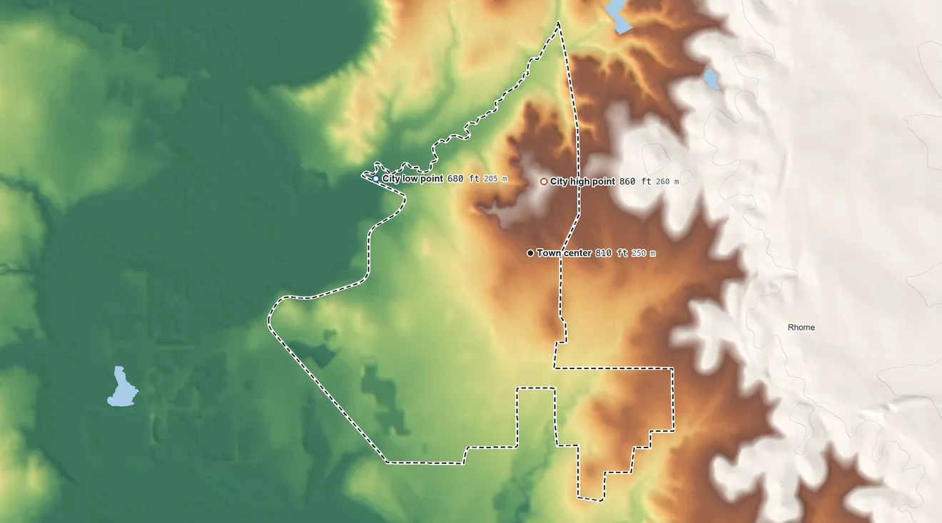Topographic elevation map of Aurora, Texas, shaded from 680 ft on the northwest side to 860 ft on the north side
