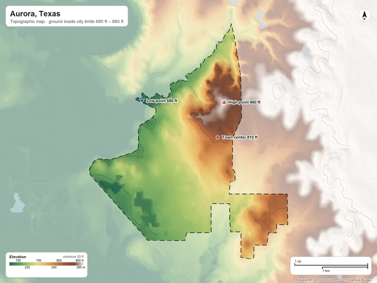 Topographic elevation map of Aurora, Texas, shaded from 680 ft on the northwest side to 860 ft on the north side