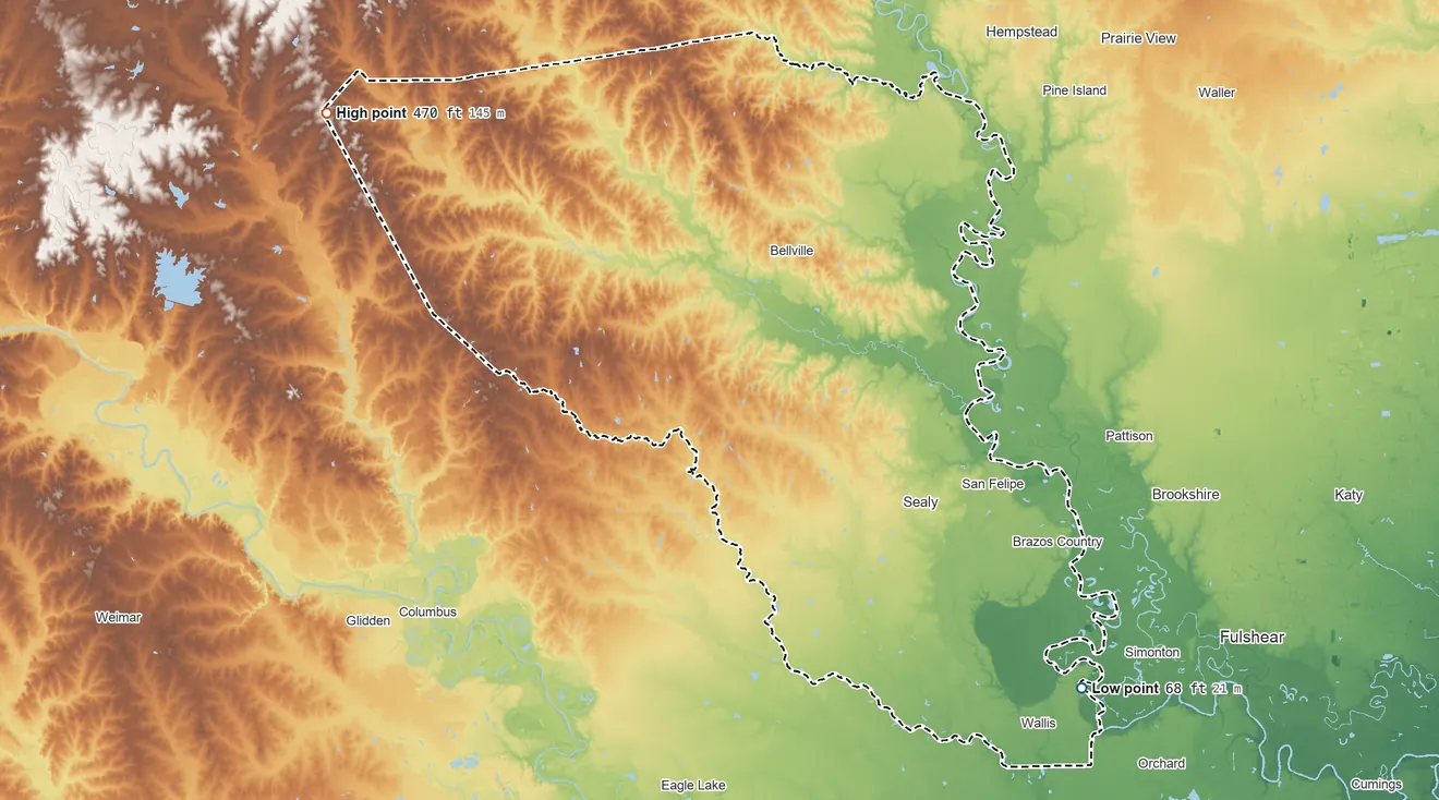 Topographic elevation map of Austin County, Texas, shaded from 68 ft on the southeast side to 470 ft on the northwest side