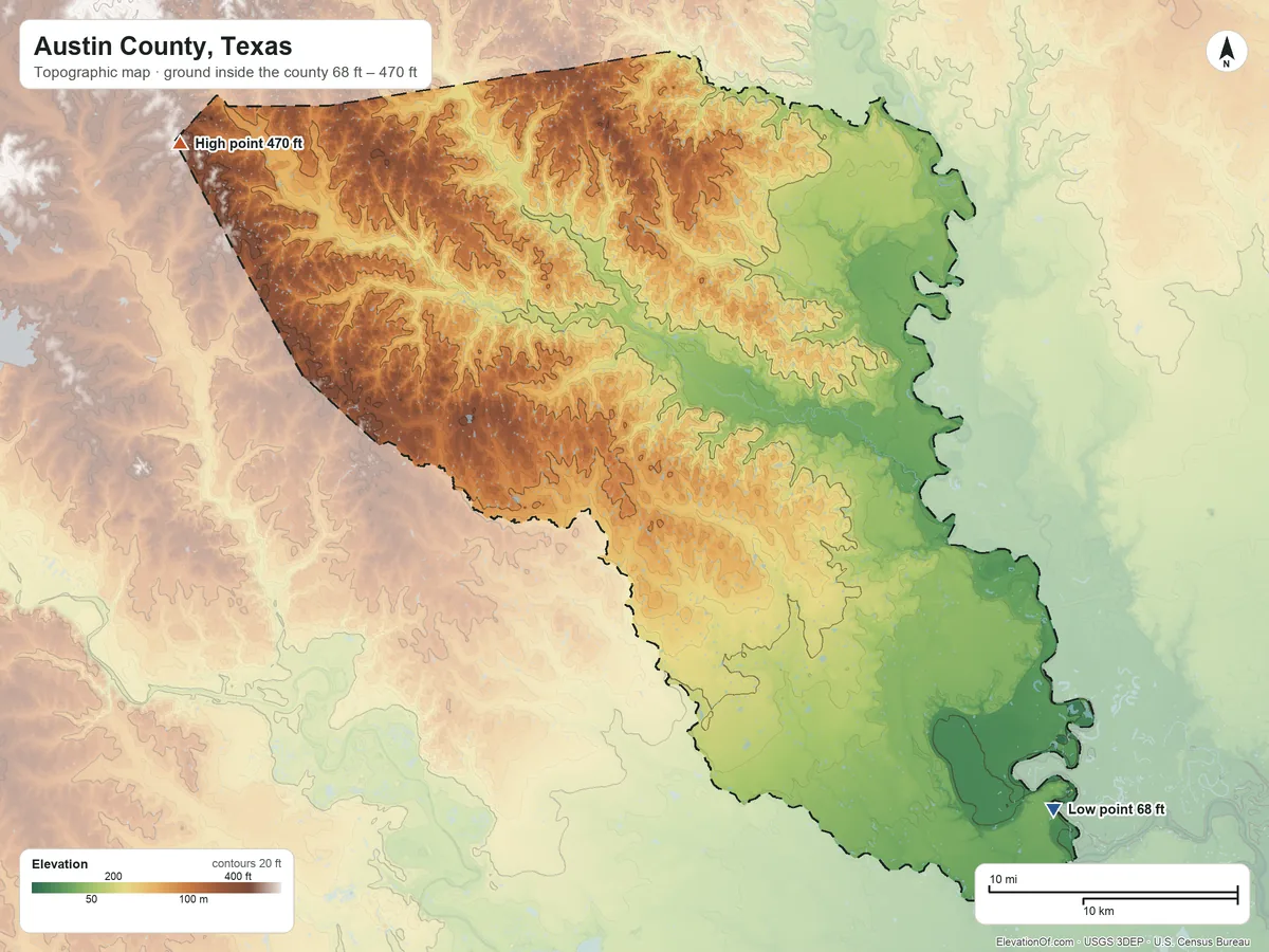 Topographic elevation map of Austin County, Texas, shaded from 68 ft on the southeast side to 470 ft on the northwest side