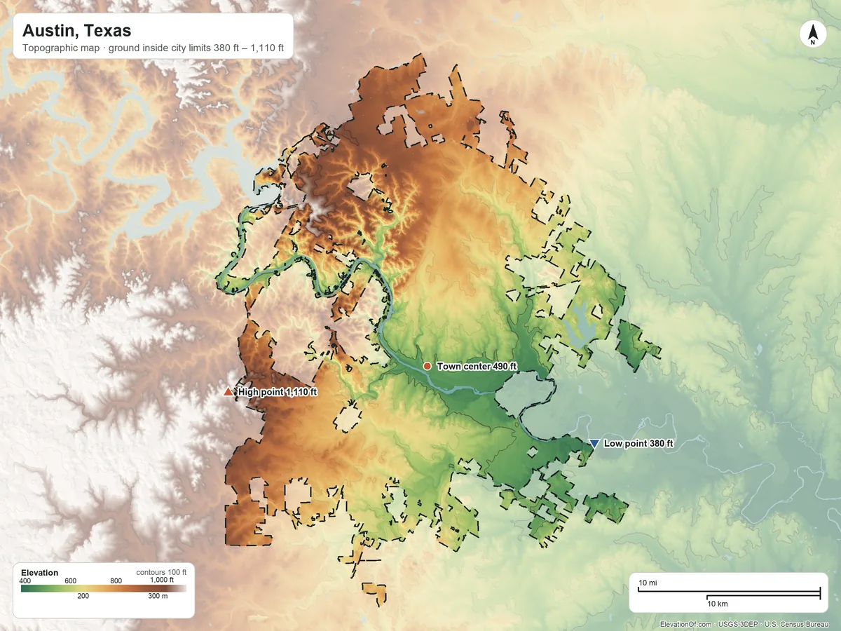 Topographic elevation map of Austin, Texas, shaded from 380 ft on the southeast side to 1,110 ft on the west side
