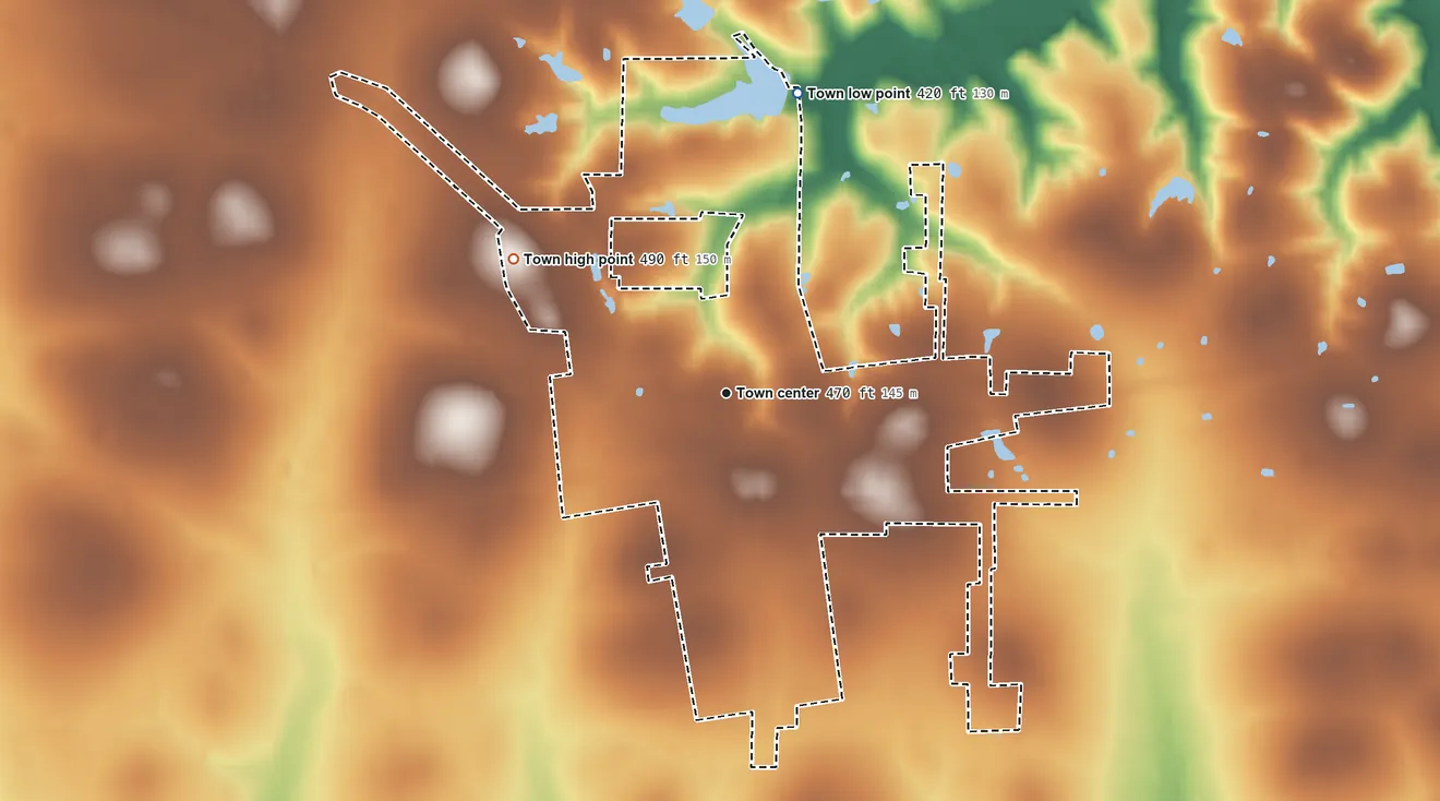 Topographic elevation map of Avery, Texas, shaded from 420 ft on the north side to 490 ft on the northwest side
