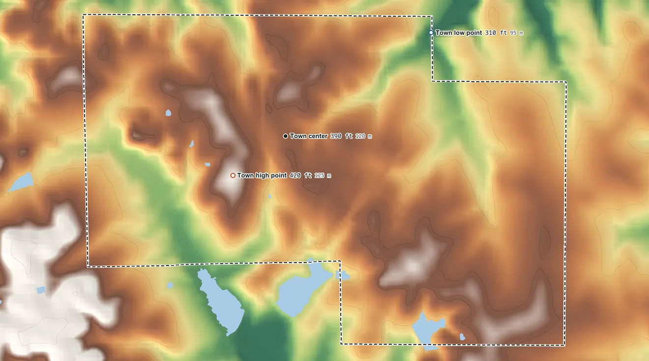 Topographic elevation map of Avinger, Texas, shaded from 310 ft on the northeast side to 420 ft on the southwest side