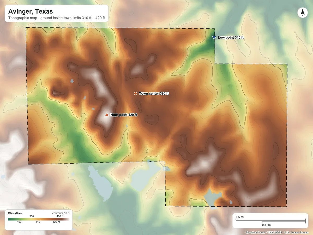 Topographic elevation map of Avinger, Texas, shaded from 310 ft on the northeast side to 420 ft on the southwest side