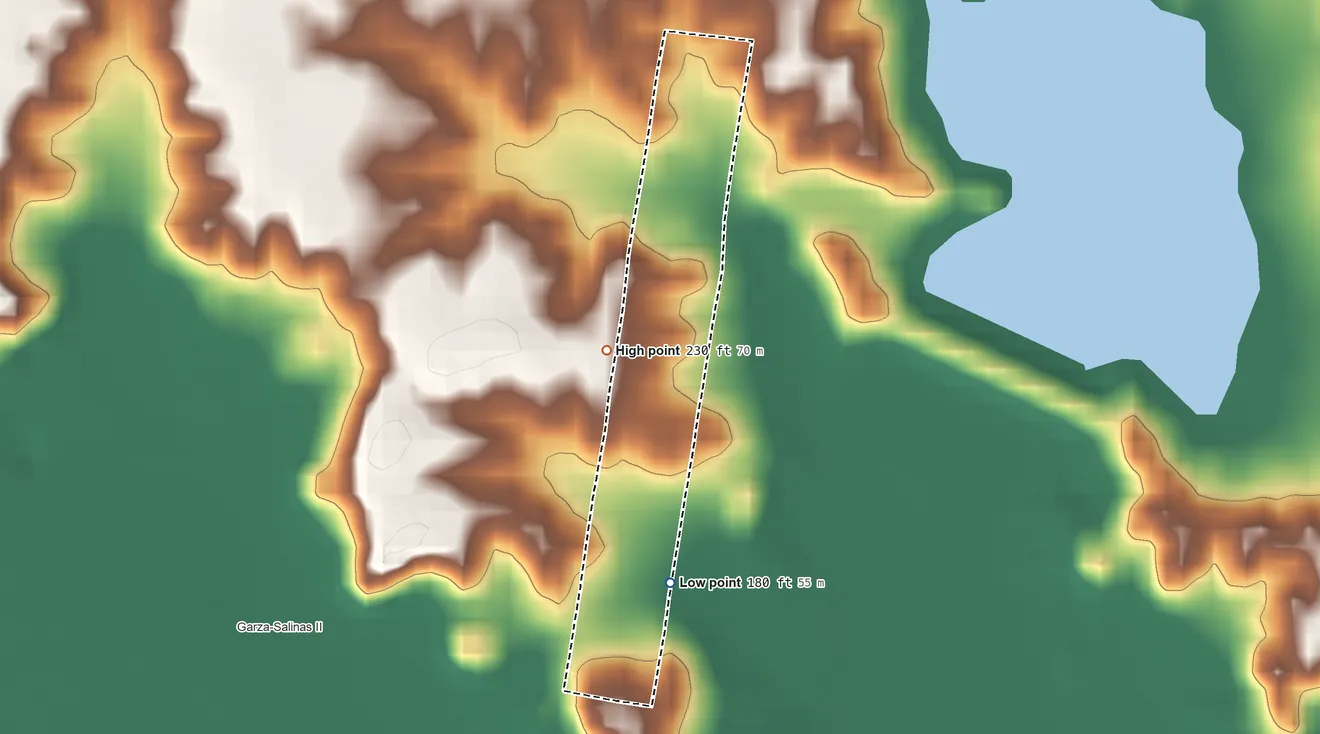 Topographic elevation map of B and E, Texas, shaded from 180 ft on the southeast side to 230 ft on the north side