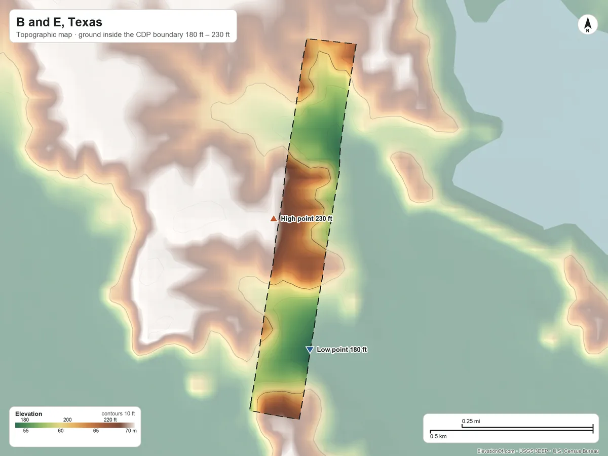 Topographic elevation map of B and E, Texas, shaded from 180 ft on the southeast side to 230 ft on the north side