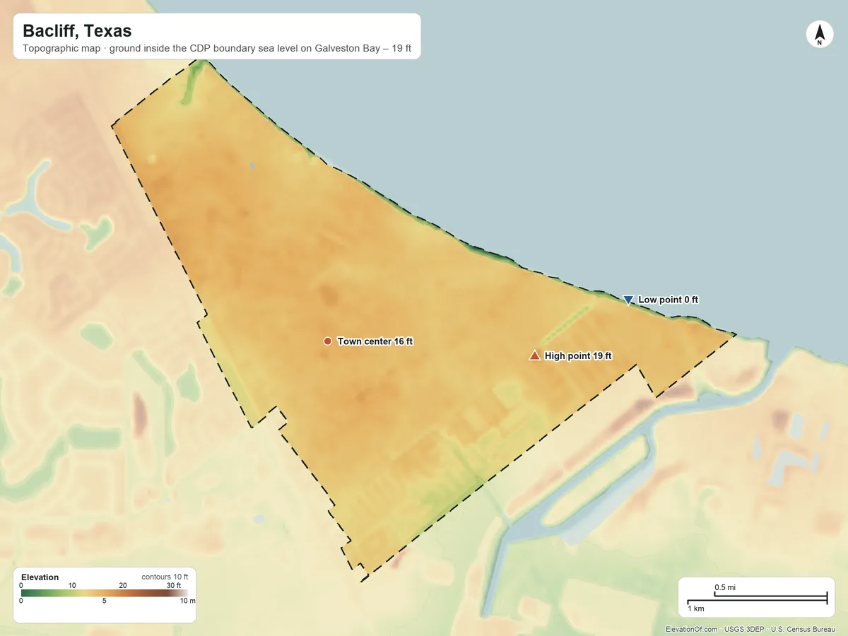 Topographic elevation map of Bacliff, Texas, shaded from sea level level on Galveston Bay to 19 ft on the east side