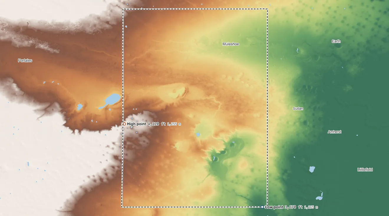 Topographic elevation map of Bailey County, Texas, shaded from 3,670 ft on the southeast side to 4,120 ft on the west side