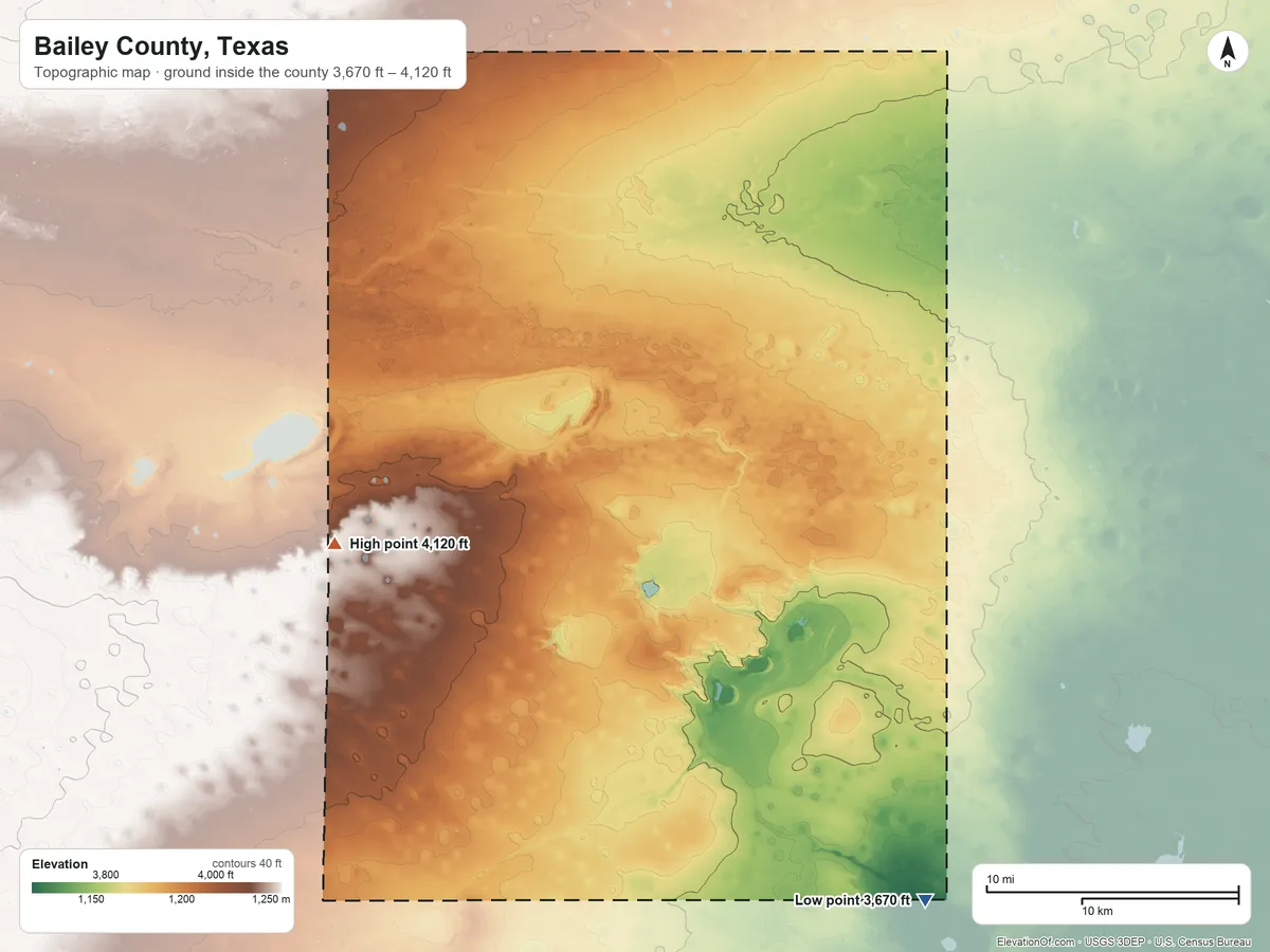 Topographic elevation map of Bailey County, Texas, shaded from 3,670 ft on the southeast side to 4,120 ft on the west side