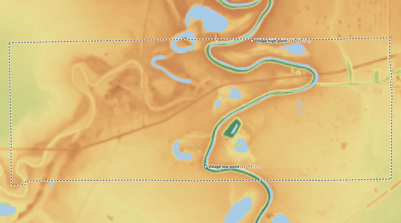 Topographic elevation map of Bailey's Prairie, Texas, shaded from 11 ft on the southwest side to 34 ft on the north side