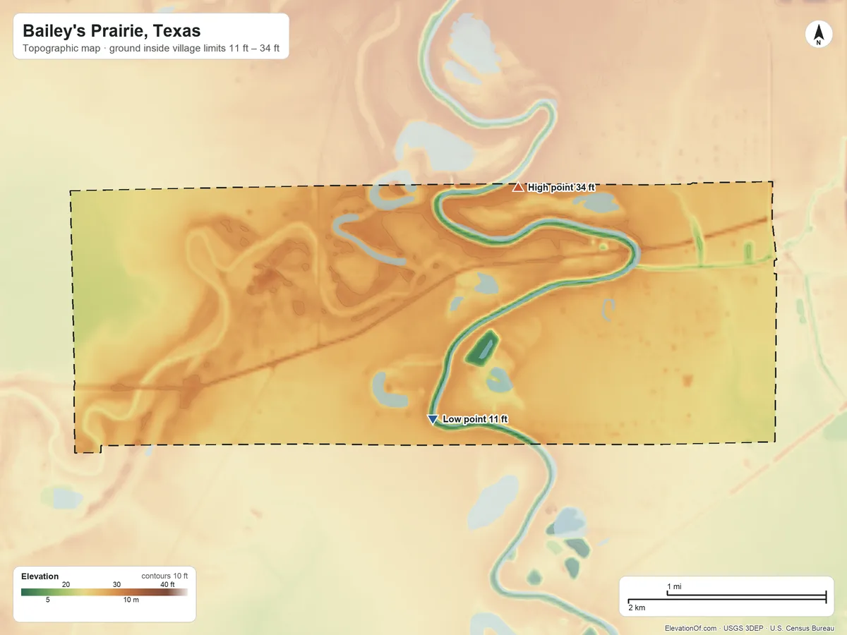 Topographic elevation map of Bailey's Prairie, Texas, shaded from 11 ft on the southwest side to 34 ft on the north side