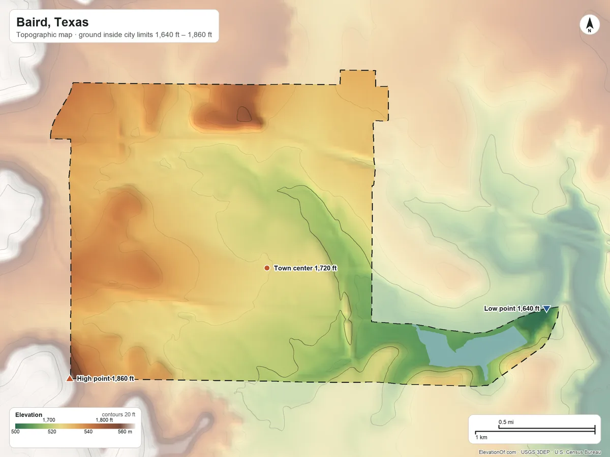 Topographic elevation map of Baird, Texas, shaded from 1,640 ft on the east side to 1,860 ft on the southwest side