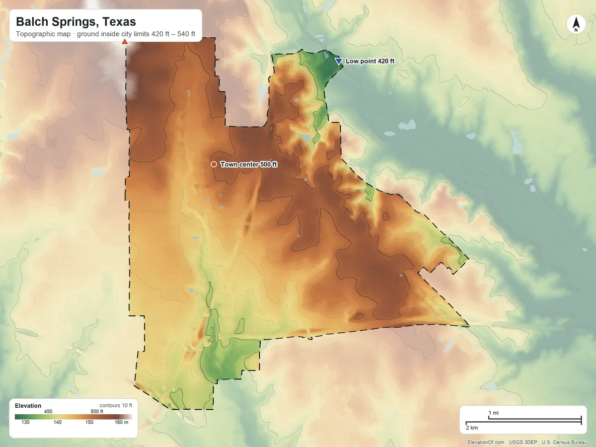 Topographic elevation map of Balch Springs, Texas, shaded from 420 ft on the northeast side to 540 ft on the northwest side