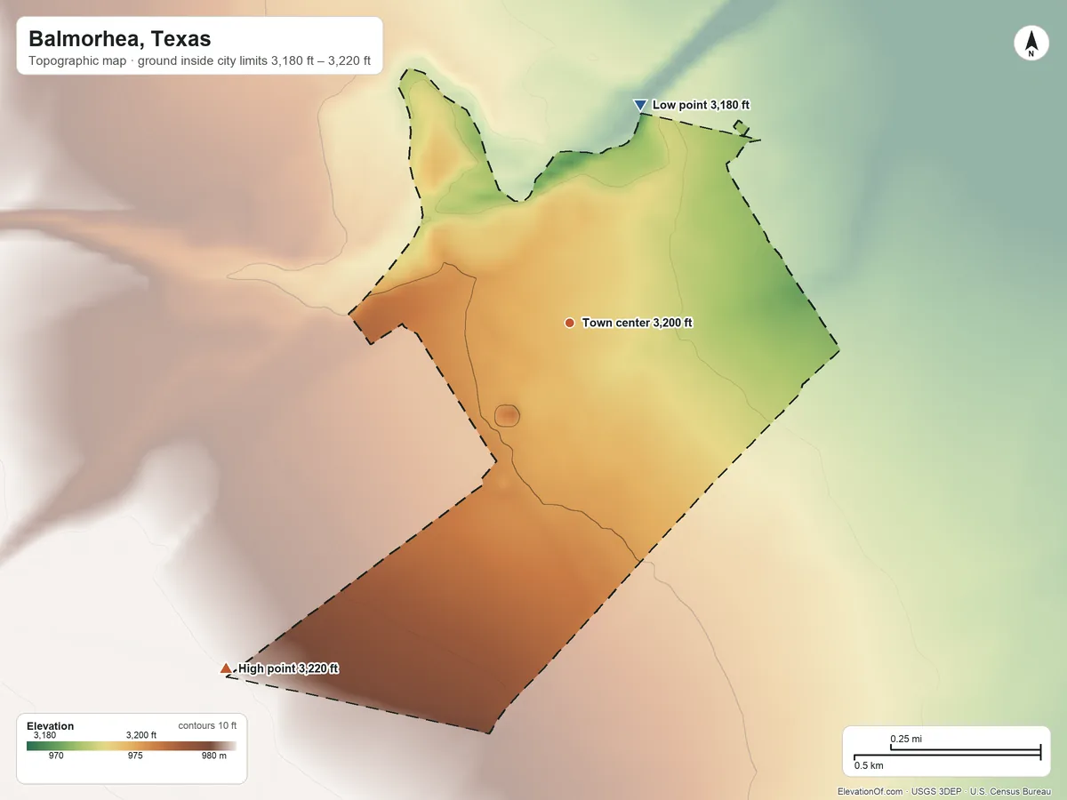 Topographic elevation map of Balmorhea, Texas, shaded from 3,180 ft on the north side to 3,220 ft on the southwest side